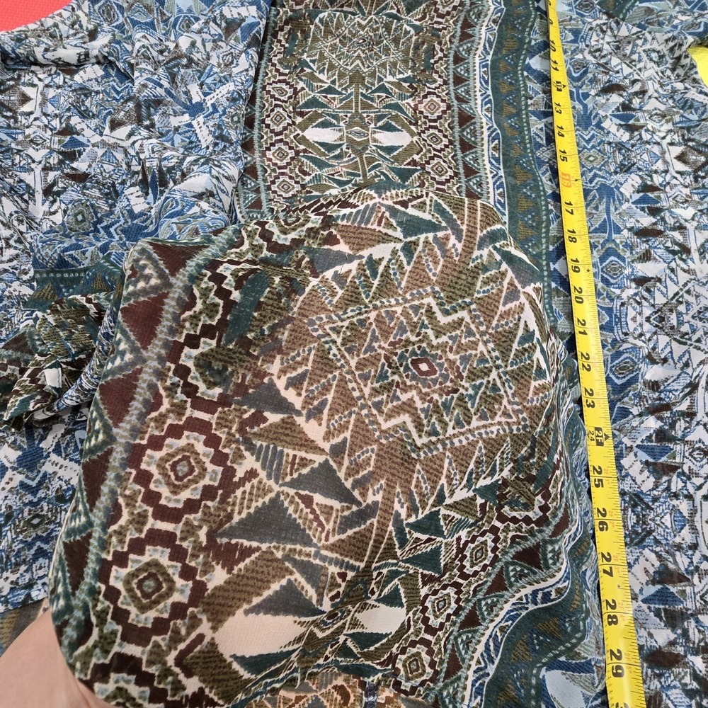 One World Women XL Top Blue Green Geometric Print V-Neck Sheer Boho Peasant... - Picture 3 of 9